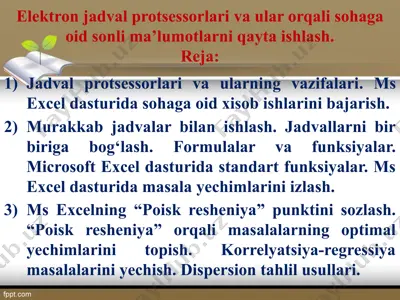 elektron jadval protsessorlari va ularning vazifalari — PPTX