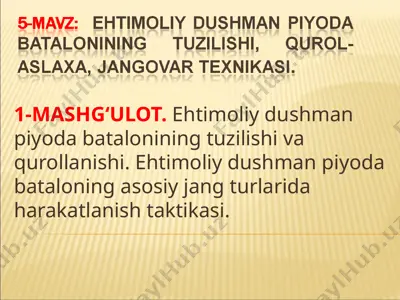 ehtimoliy dushman piyoda batalonining tuzilishi, qurol-aslaxa, jangovar texnikasi — PPT