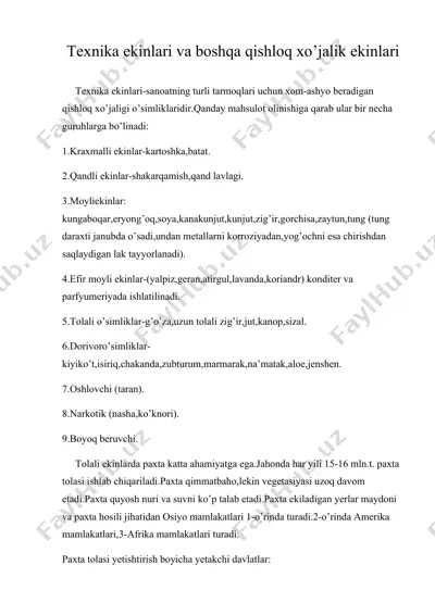texnika ekinlari va boshqa qishloq xo’jalik ekinlari — DOC