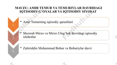 amir temur va temuriylar davridagi iqtisodiy g'oyalar va iqtisodiy siyosat — PPTX