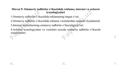 ommaviy tadbirlar o’tkazishda reklama, internet va axborot texnologiyalari — PPT