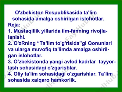o'zbekiston respublikasida ta'lim sohasidagi islohotlar — PPT