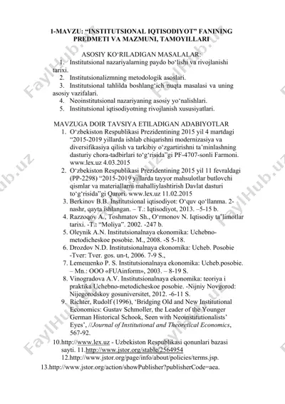 institutisional iqtisodiyot fanining predmeti va mazmuni, tamoyillari — DOCX