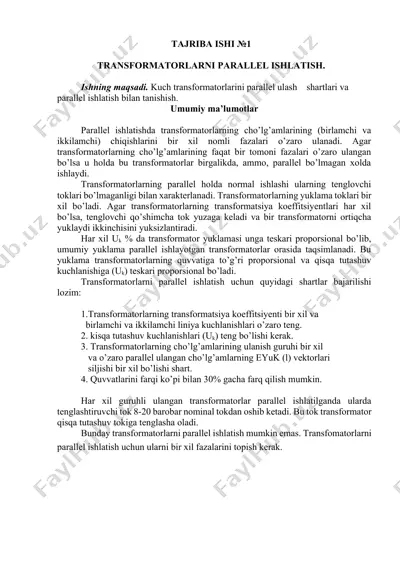 transformatorlarni parallel ishlatish — DOCX