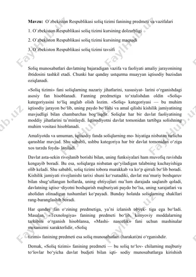 o`zbekiston respublikasi soliq tizimi fanining predmeti va vazifalari — DOCX