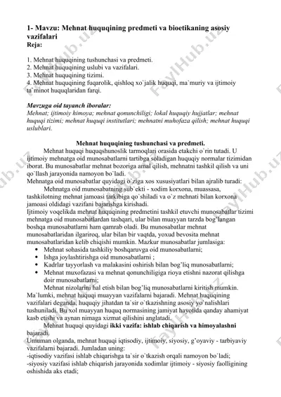 mehnat huquqining predmeti va bioetikaning asosiy vazifalari — DOCX