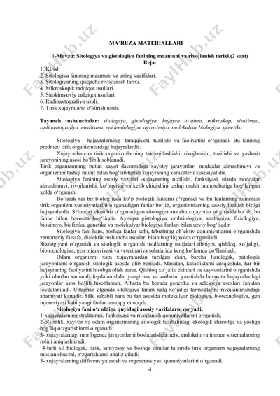 sitologiya va gistologiya fanining mazmuni va rivojlanish tarixi — DOCX