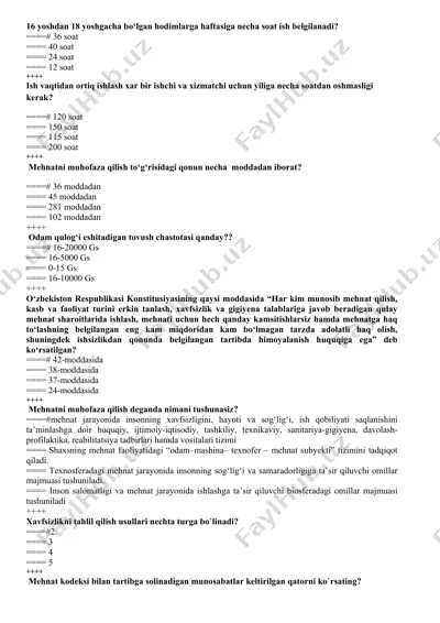 ish vaqtini belgilash bo'yicha test savollar — DOCX