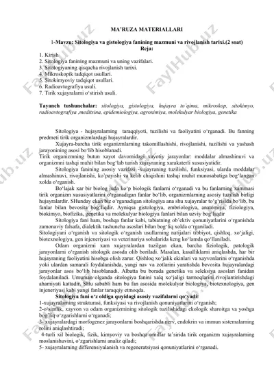 sitologiya va gistologiya fanining mazmuni va rivojlanish tarixi — DOCX