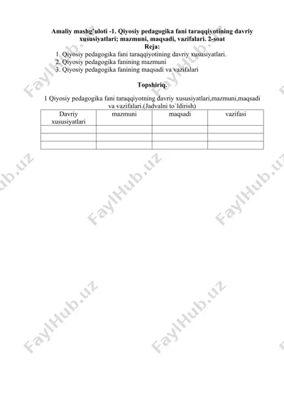 qiyosiy pedagogika fani taraqqiyotining davriy xususiyatlari; mazmuni, maqsadi, vazifalari — DOCX