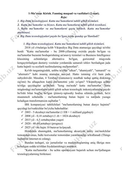 big-data texnologiyasi. katta ma’lumotlarni tahlil qilish tizimlari. — DOC