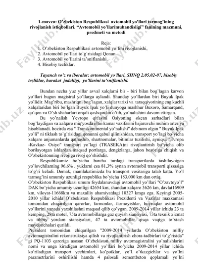 o’zbekiston respublikasi avtomobil yo’llari tarmog’ining rivojlanish istiqbollari — DOCX