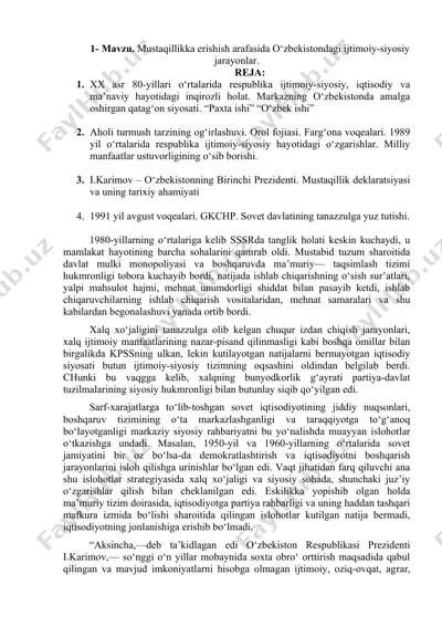 mustaqillikka erishish arafasida o‘zbekistondagi ijtimoiy-siyosiy jarayonlar — DOCX