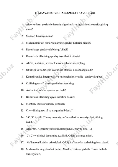 dasturlash tillarining asosiy konseptlari bo'yicha savollar — DOCX