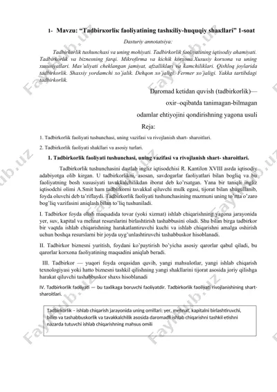 tadbirkorlik faoliyati tashkiliy-huquqiy shakllari — DOCX