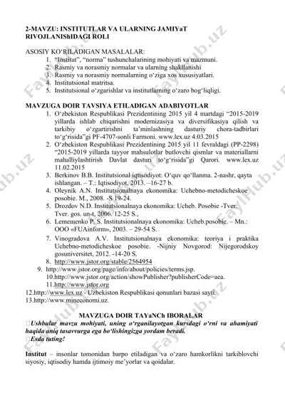 institutlar va ularning jamiyat rivojlanishidagi roli — DOCX