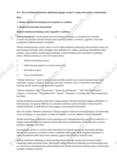 mehnatni muhofaza qilishning huquqiy asoslari va fanga oid atama va tushunchalar — DOCX