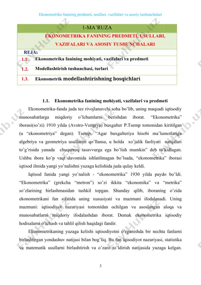 ekonometrika fanining predmeti, usullari, vazifalari va asosiy tushunchalari — DOCX