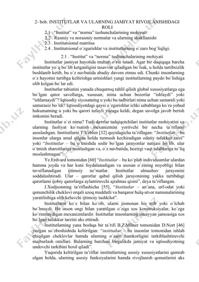 institutlar va ularning jamiyat rivojlanishidagi roli — DOCX