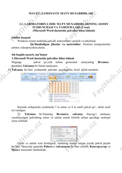 laboratoriya ishi: matn muxarrirlarining asosiy tushunchasi va tamoyillari — DOCX