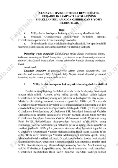 uzbekistonda demokratik fuqarolik jamiyati asoslarining shakllanishi, amalga oshirilgan siyosiy islohotlar — DOCX