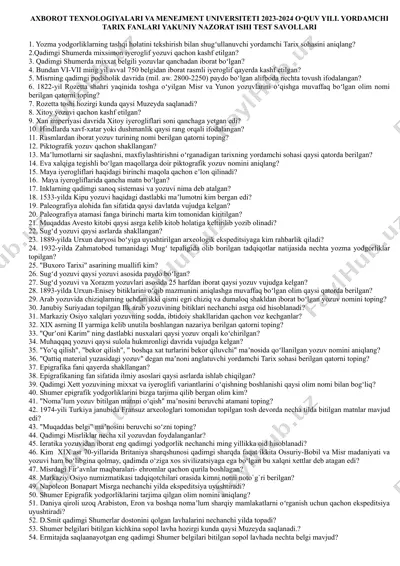 yordamchi tarix fanlari yakuniy nazorat ishi test savollari — DOCX