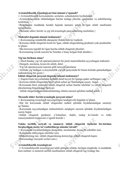 avtomobilsozlik texnologiyasi — DOCX