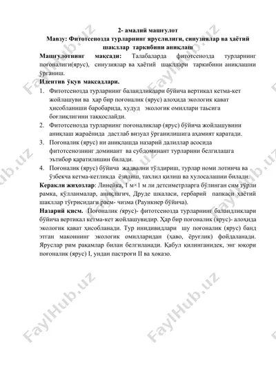 fitotsenoz turlarining yaruslik va sinuziyalar o'rganish — DOCX