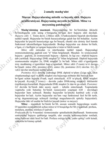 hujayralar va hujayra bo‘linishi — DOCX