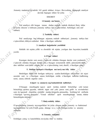 jismoniy madaniyat yo`nalishi 163 guruh talabasi artiqov sherzodning pedagogik amaliyot davrida bajargan ishlari — DOCX
