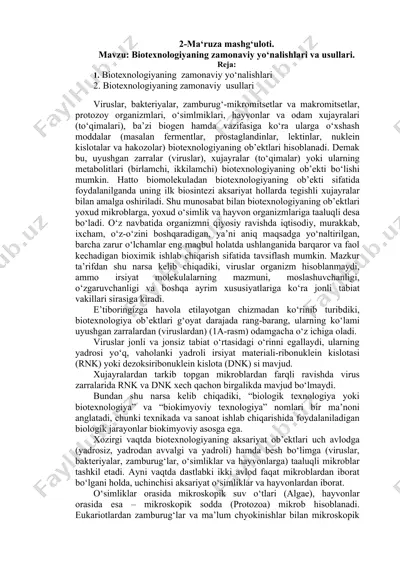 biotexnologiya zamonaviy yo‘nalishlari va usullari — DOCX