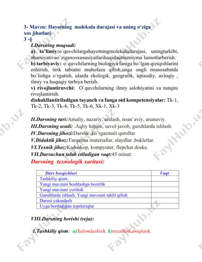 hayotning molekula darajasi va uning o‘ziga xos jihatlari — DOCX