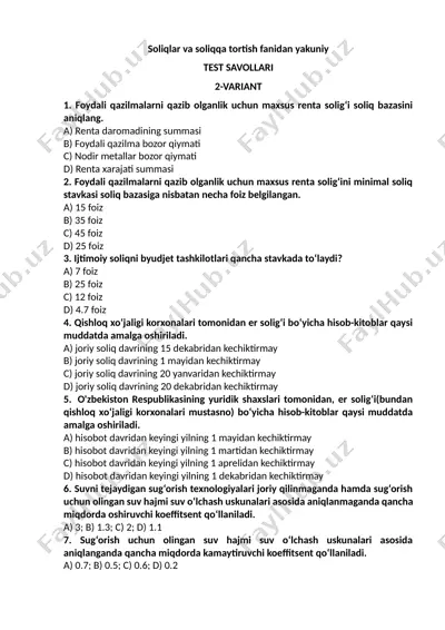 soliqlar va soliqqa tortish fanidan yakuniy — DOCX