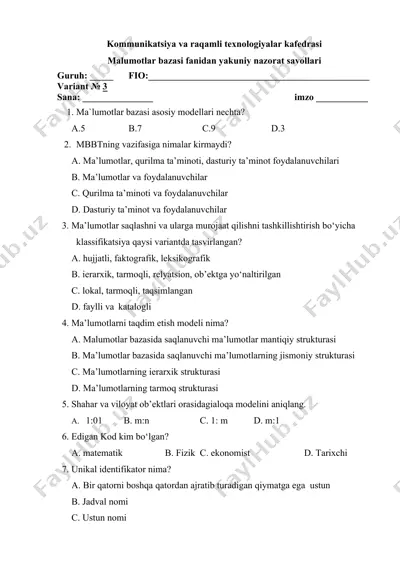 kommunikatsiya va raqamli texnologiyalar kafedrasi yakuniy nazorat savollari — DOCX