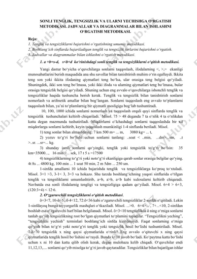 sonli tenglik, tengsizlik va ularni yechishga o‘rgatish metodikasi. jadvallar va diagrammalar bilan ishlashni o‘rgatish metodikasi — DOCX