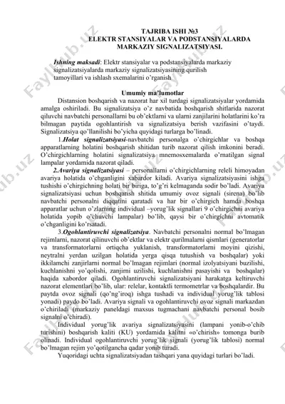 elektr stansiya va podstansiya markaziy signalizatsiyasi — DOCX