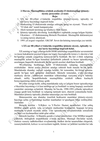 mustaqillikka erishish arafasida o‘zbekistondagi ijtimoiy-siyosiy jarayonlar — DOCX