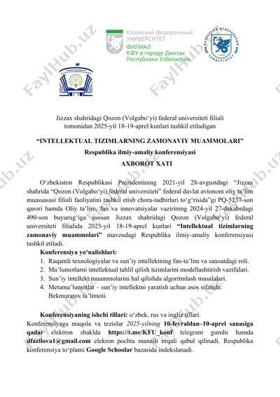 "intellektual tizimlarning zamonaviy muammolari" respublika ilmiy-amaliy konferensiyasi — DOC