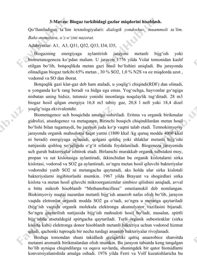 biogaz tarkibidagi gazlar miqdorini hisoblash — DOCX