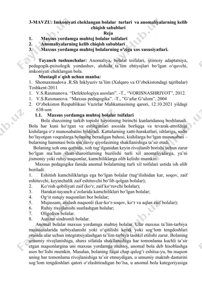 imkoniyati cheklangan bolalar turlari va anomaliyalarning kelib chiqish sabablari — DOCX