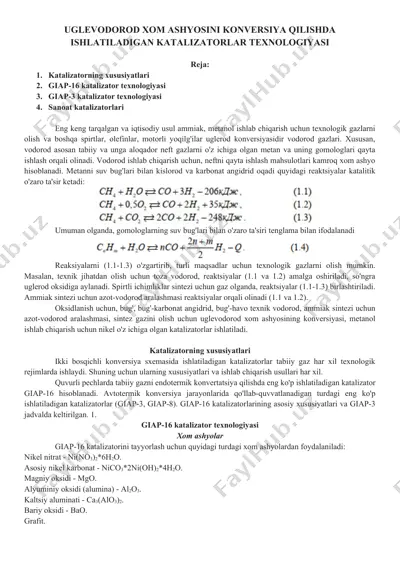 uglevodorod xom ashyosini konversiya qilishda ishlatiladigan katalizatorlar texnologiyasi — DOCX