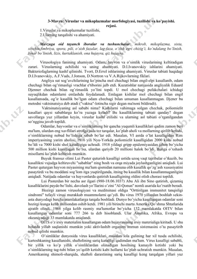viruslar va mikoplazmalar morfologiyasi, tuzilishi va ko’payishi — DOCX