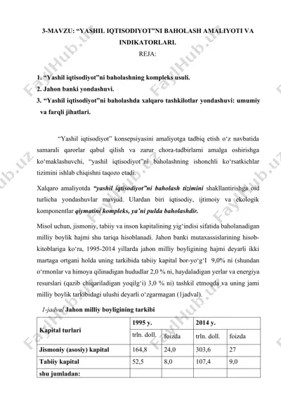 "yashil iqtisodiyotni baholash amaliyoti va indikatorlari" — DOCX