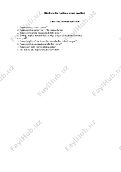 dinshunoslik fanidan nazorat savollari — DOCX