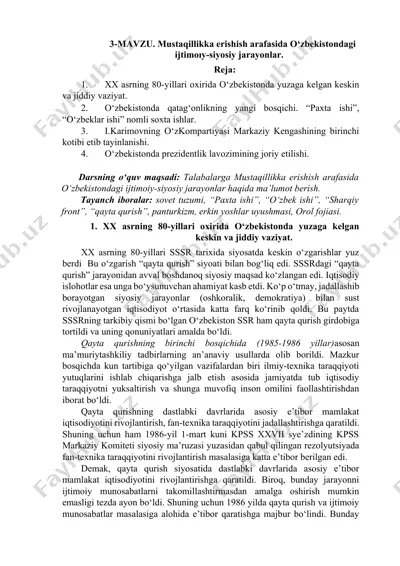o‘zbekistonda mustaqillikka erishish arafasida iqtisodiy-siyosiy jarayonlar — DOCX