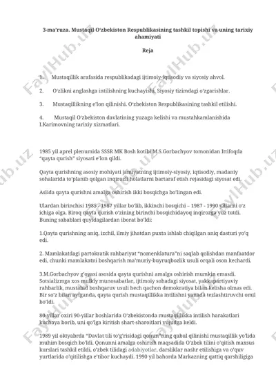 mustaqil o‘zbekiston respublikasining tashkil topishi va uning tarixiy ahamiyati — DOCX