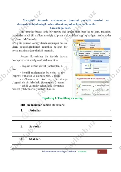 microsoft accessda ma'lumotlar bazasini yaratish asoslari va dasturda tibbiy-biologik axborotlarni saqlash uchun ma'lumotlar — DOCX