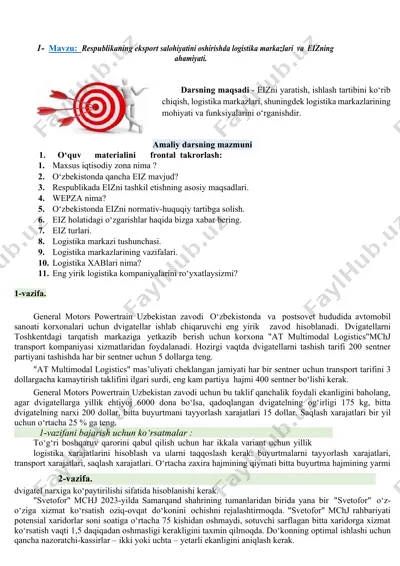 logistika markazlari va eizning ahamiyati darsi — DOCX