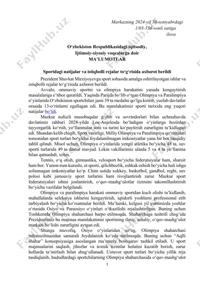 sportdagi natijalar va istiqbolli rejalar to‘g‘risida axborot — DOCX