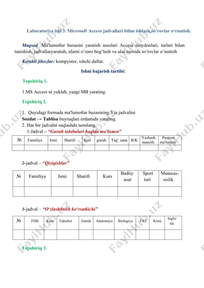 laboratoriya ishi 3. microsoft access jadvallari bilan ishlash, soʻrovlar oʻrnatish — DOCX